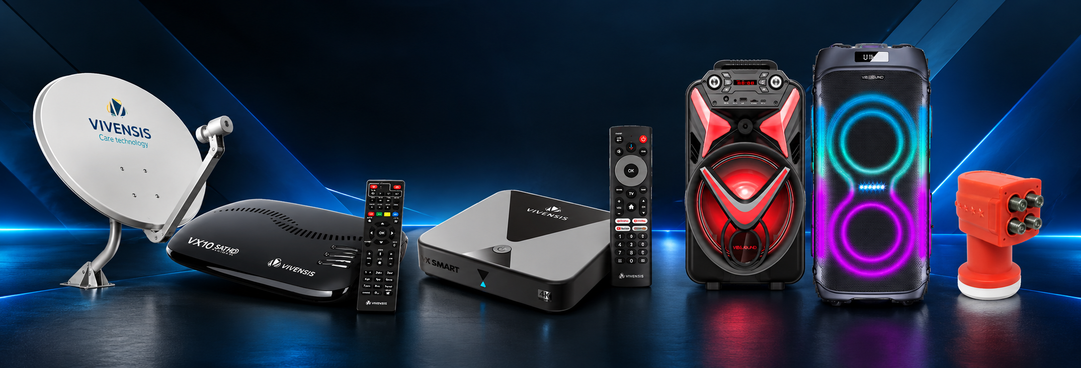 Linha de produtos: antena parabólica, receptores VX10 SAT HD e VX Smart 4K, caixas de som e LNBF
